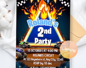 Monster Truck Birthday Invitation, Monster Truck Theme Party Invite, Monster Truck Birthday Party Digital Invite, Editable Canva Template