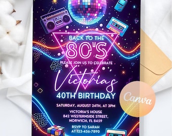 80s Birthday Invitation, Glow Dance Back to 80's Throwback Party Invite, Instant Download, Editable Canva Template