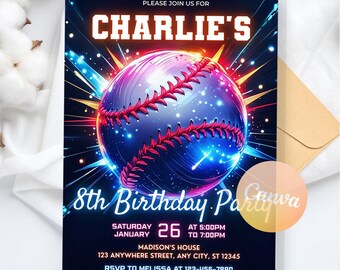 May include: Baseball-themed birthday party invitation with a vibrant baseball graphic. The invitation features the text "Charlie's 8th Birthday Party" and event details, including date, time, and location. The design incorporates a dark blue background with bright accents.