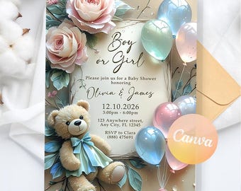 Teddy Bear Gender Reveal Party, Gender Reveal Party invite, Pink And Light Blue He or She, Digital Instant Download, Editable Canva Template