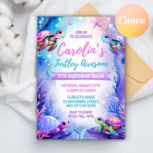 Sea Turtle Birthday Invitation, Under the Sea Editable Party Invite Template, Turtley Awesome Birthday, Instant Download Canva Template