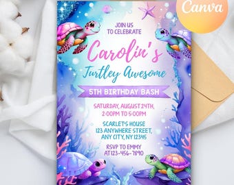 Meeresschildkröte Geburtstagseinladung, unter dem Meer Bearbeitbare Party Einladungsvorlage, Turtley Super Geburtstag, Sofortiger Download Canva Vorlage