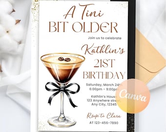 Plantilla de invitación de cumpleaños para adultos mayores con temática de Tini Bit, invitación de cumpleaños con temática de Espresso Martini, invitación elegante para cóctel, plantilla editable de Canva