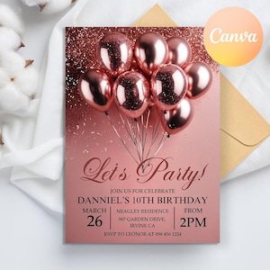 Rose Gold Balloons invitation, Rose Gold Birthday Invitation,  Pink Birthday Party Invitation, Birthday Girl, Rose Gold Balloons Invite