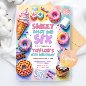 Sweet Sassy and Six Birthday Invitation, Girl Birthday Invitation, Sweet Six Invitation, Pastel Sweets Donut Candy, Editable Canva Template