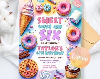 Sweet Sassy and Six Birthday Invitation, Girl Birthday Invitation, Sweet Six Invitation, Pastel Sweets Donut Candy, Editable Canva Template