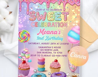 Sweets Birthday Invitation, Sweet Celebration Candyland Invitation, Candy Ice Cream Cupcake Donut, Digital Download, Editable Canva Template