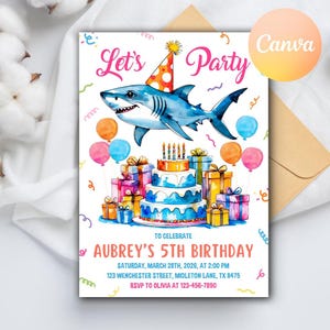 Editable Shark Invitation, Shark Invites, Shark Birthday Invitation, Kids Birthday Party Invites, Instant Download, Editable Canva Template