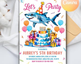 Invitación de tiburón editable, invitaciones de tiburón, invitación de cumpleaños de tiburón, invitaciones para fiesta de cumpleaños infantil, descarga instantánea, plantilla editable de Canva