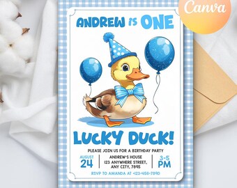 One Lucky Duck Invitation, Mallard Duck 1st Birthday Invite, First Birthday Duck, Lucky Duck Birthday Invitation, Editable Digital Download