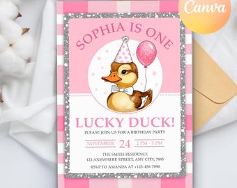 One Lucky Duck Invitation, Mallard Duck 1st Birthday Invite, First Birthday Girl, Lucky Duck Birthday Invitation, Editable Digital Download