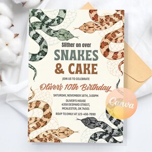 Inbjudan till ormfödelsedag, inbjudan till ormreptilfödelsedagsfest, födelsedagsinbjudan till reptilfest, digital nedladdning, redigerbar Canvas-mall