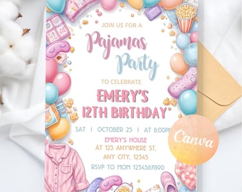 Pastel Sleepover Birthday Invitation, Printable Sleepover Invite, Slumber Party, Pajamas Party Digital Download, Editable Canva Template