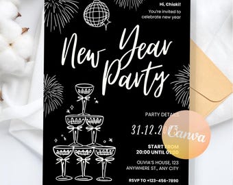Silvesterpartyeinladung, animierte Silvesterfeier einladen, digitaler Download, bearbeitbare Canva-Vorlage