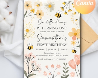 Bee First Birthday Invitation, Sweet To Bee One Birthday Invitation, Bee Day Party, Cute Bee Invitation , Digital Editable Canva Template