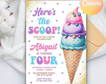 Ice Cream Birthday Invitation, Ice cream Party Invitation, Sweet Celebration, Here's the Scoop, Girl Birthday Invite,Editable Canva Template