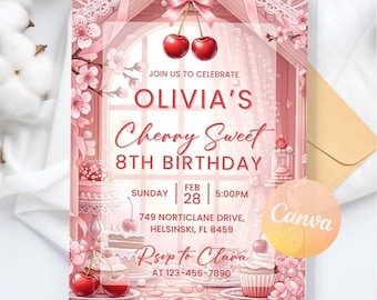 Cherry Sweet Bow Girls Birthday Invitation, Girl Party invite, Digital Download, Editable Canva Template