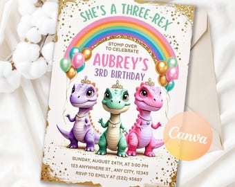 Invitación de cumpleaños de dinosaurio, invitación de cumpleaños para niña de tres Rex, invitación imprimible para fiesta de dinosaurios pastel, plantilla editable de Canva