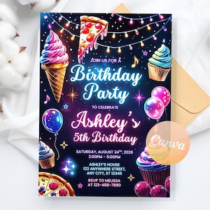Neon Lights Birthday Invitation, Lets Birthday Party invitation, Neon Glow Party Birthday Invite, Printable Digital, Editable Canva Template