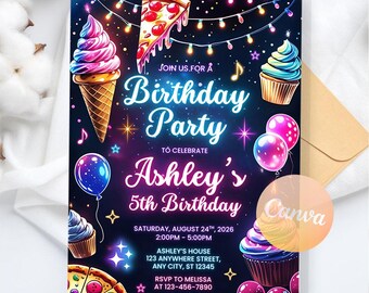 Neonlichter-Geburtstagseinladung, Lets-Geburtstagsfeier-Einladung, Neon Glow Party Geburtstag einladen, bedruckbare digitale, bearbeitbare Canva-Vorlage