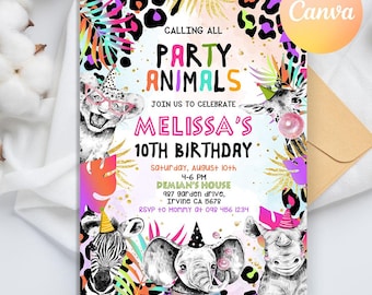 Invitación de cumpleaños de animales de fiesta, fiesta de safari, invitación para llamar a todos los animales de fiesta, estampado de leopardo y guepardo arcoíris, animales salvajes de safari