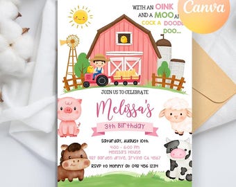 Farm Birthday Invitation, pink Farm Birthday Invitation, Girl Barnyard Birthday, Barnyard Invitation, Girl Farm, Floral Barnyard Animals