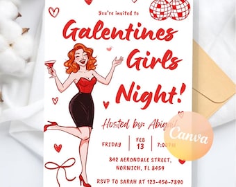 Galentines Girls Night Party Einladung: Valentinstag Brunch einladen, digitaler Download, bearbeitbare Canva Vorlage