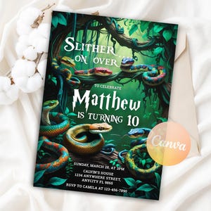 Reptile Birthday Invitation, Slither Hop and Crawl Invite, Snake Crawly Nature Theme Birthday Invite Printable Template, Editable Canva