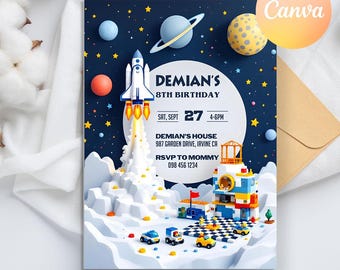 Uitnodiging voor verjaardagsfeestje Outer Space, uitnodiging voor verjaardagsfeestje ruimte jongen, ruimte verjaardag, astronaut ruimte, Galaxy Blast Off nodigt uit
