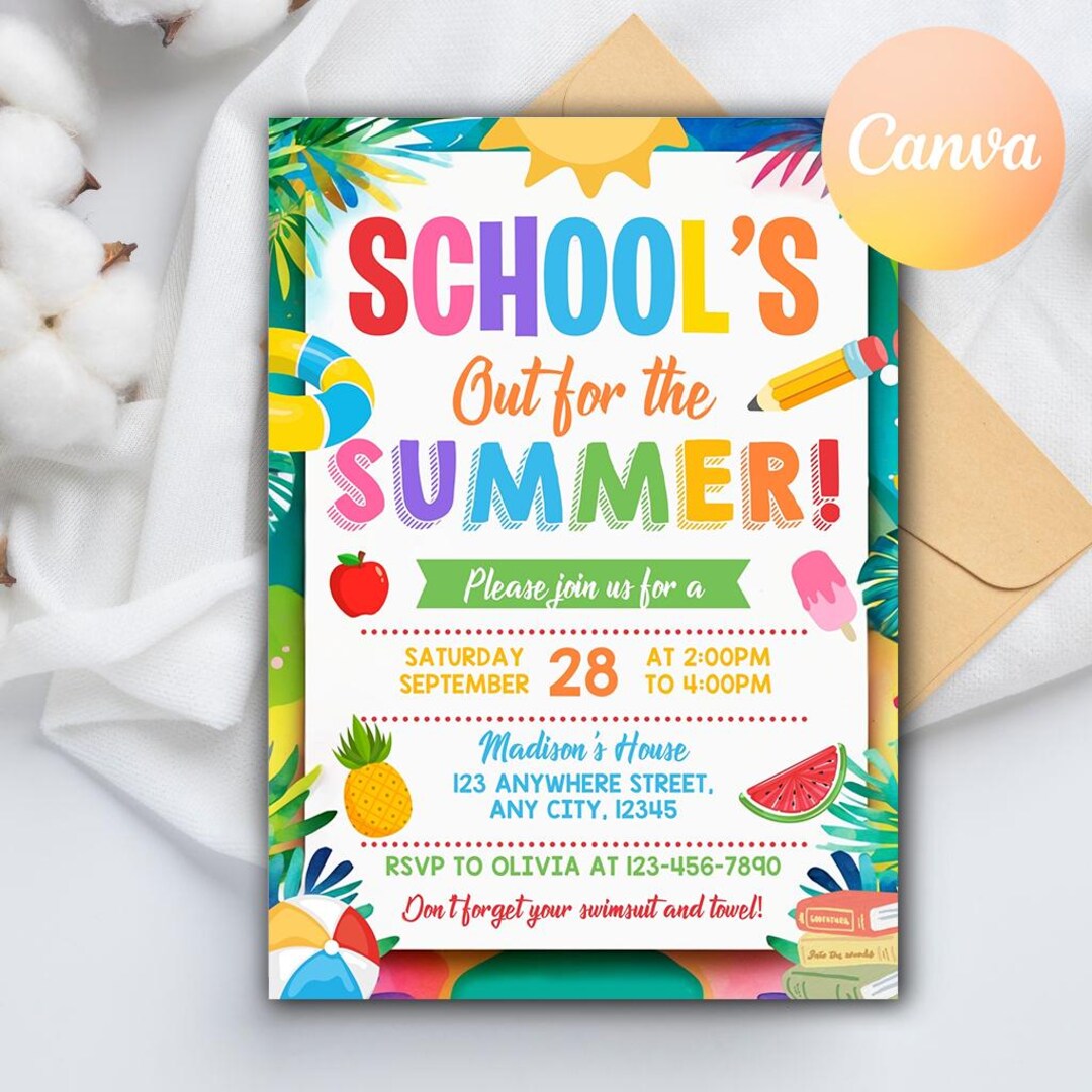 School Invite Editable End of School Party Invitation, Schools Out Party Invite ...
