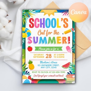 Invitación editable para fiesta de fin de curso, fiesta de fin de curso, fiesta de verano, fiesta en la piscina, ¡Hola verano!, plantilla editable de Canva.