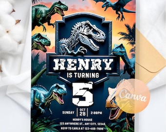 Dinosaur Birthday Invitation, Dinosaur World Invite, Boy T-Rex Party Invite, Jurassic Birthday, Digital Download, Editable Canva Template