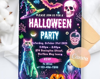Neon Halloween Birthday Invitation, Kids Halloween Birthday Halloween Spooky Party Invite, Neon Glow Halloween, Editable Canva Template