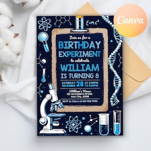 May include: Blue and white birthday party invitation with a science theme. The invitation features a microscope, test tubes, and a chalkboard with the text "Join us for a Birthday Experiment to celebrate William is turning 8".