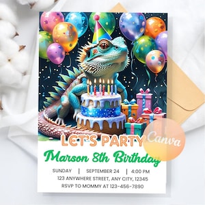 Inbjudan till ödlafödelsedag: Reptilfest, skäggagam, redigerbar Canvas-mall (digital nedladdning)