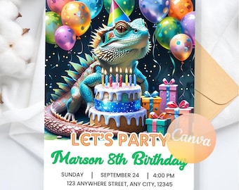Eidechse Geburtstagseinladung: Reptilienparty, Bartdrache, bearbeitbare Canva Vorlage (Digitaler Download)