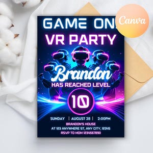 Virtual Reality-verjaardagsuitnodiging, VR-verjaardagsuitnodiging, gamer Boy-verjaardagsuitnodiging, verjaardagsuitnodiging videogame, bewerkbare canva-sjabloon