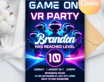 Invitación de cumpleaños de realidad virtual, invitación de cumpleaños VR, invitación de cumpleaños para gamers, invitación de cumpleaños de videojuegos, plantilla editable de Canva