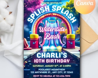 Bewerkbare waterglijbaan verjaardagsuitnodiging, jongen meisje splash feestuitnodiging, Splash verjaardag Evite, waterglijbaan bash, bewerkbare canva-sjabloon