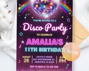 Disco Party Birthday Invitation, Neon Glow Dance Theme Party Invite, Digital Download, Editable Canva Template