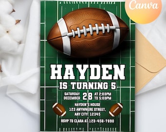 May include: Green and white football-themed birthday invitation with a brown football graphic. The text reads "Hayden is turning 5" and includes details for the party, including the date, time, and location. RSVP information is also included.
