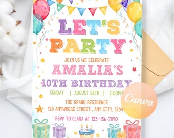 Simple Colorful Birthday Invite, Bright and cheerful Birthday party Invite, Colorful Invitation, Digital Download, Editable Canva Template