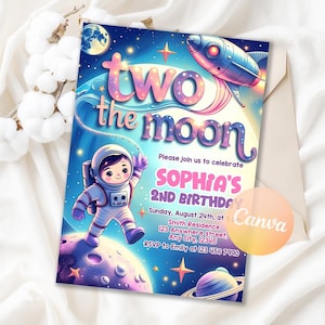 Two the Moon Birthday Party Invitation, Two the Moon Party, Pastel Outerspace Invite, Girl&#39;s Space Birthday Invite, Editable Canva Template