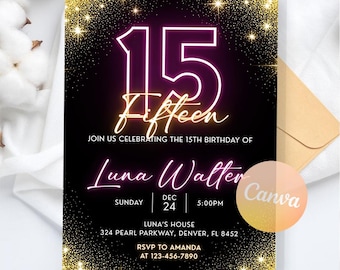 Puede incluir: Una invitación negra y dorada con el número 15 en rosa neón y la palabra "Fifteen" en escritura dorada. La invitación anuncia la celebración del 15 cumpleaños de Luna Walter, incluyendo detalles del evento e información de RSVP.