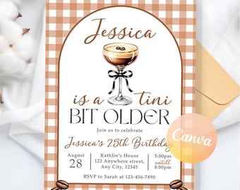 Invitación de cumpleaños para adultos mayores con temática de Tini Bit, invitación de cumpleaños con temática de Espresso Martini, invitación digital elegante para cóctel, plantilla editable de Canva