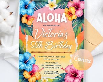 Aloha Luau Birthday Invitation, Tropical Hawaiian Party Invite, Aloha Luau Invitation Digital Invite, Aloha Party, Editable Canva Template