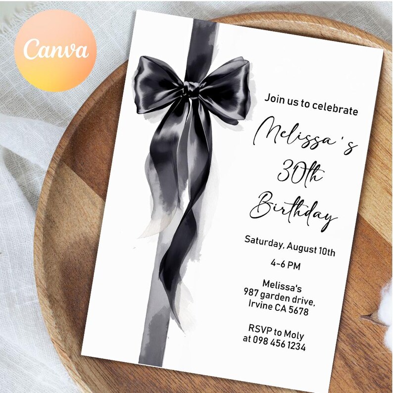 Black Bow Birthday Invitation, Minimalist Black Bow Birthday Invitation, Elegant 30th Birthday Invite, Black Ribbon Coquette 30th birthday, Coquette Invite
