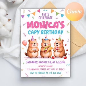 May include: A birthday party invitation with a colorful design featuring three cartoon capybaras wearing party hats. The invitation says "Let's Celebrate Monica's Capy Birthday" and includes the date, time, and location of the party.