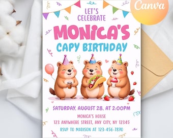 Editable Capybara Birthday Invitation Template, Birthday Party Invitation for Girl Invite, Capybara Birthday invitation, Instant Download