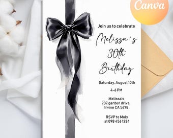 Svart rosett födelsedagsinbjudan, minimalistisk svart rosettinbjudan, elegant 30-årsinbjudan, svart band kokett 30-årsdag, kokett